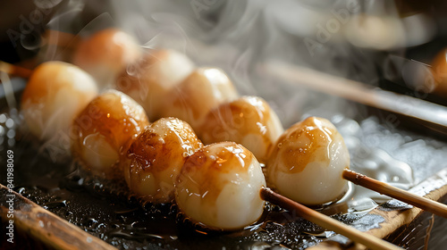 Close-up of freshly grilled mitarashi dango, steaming hot with a glossy caramelized sauce, served on a rustic wooden tray. photo