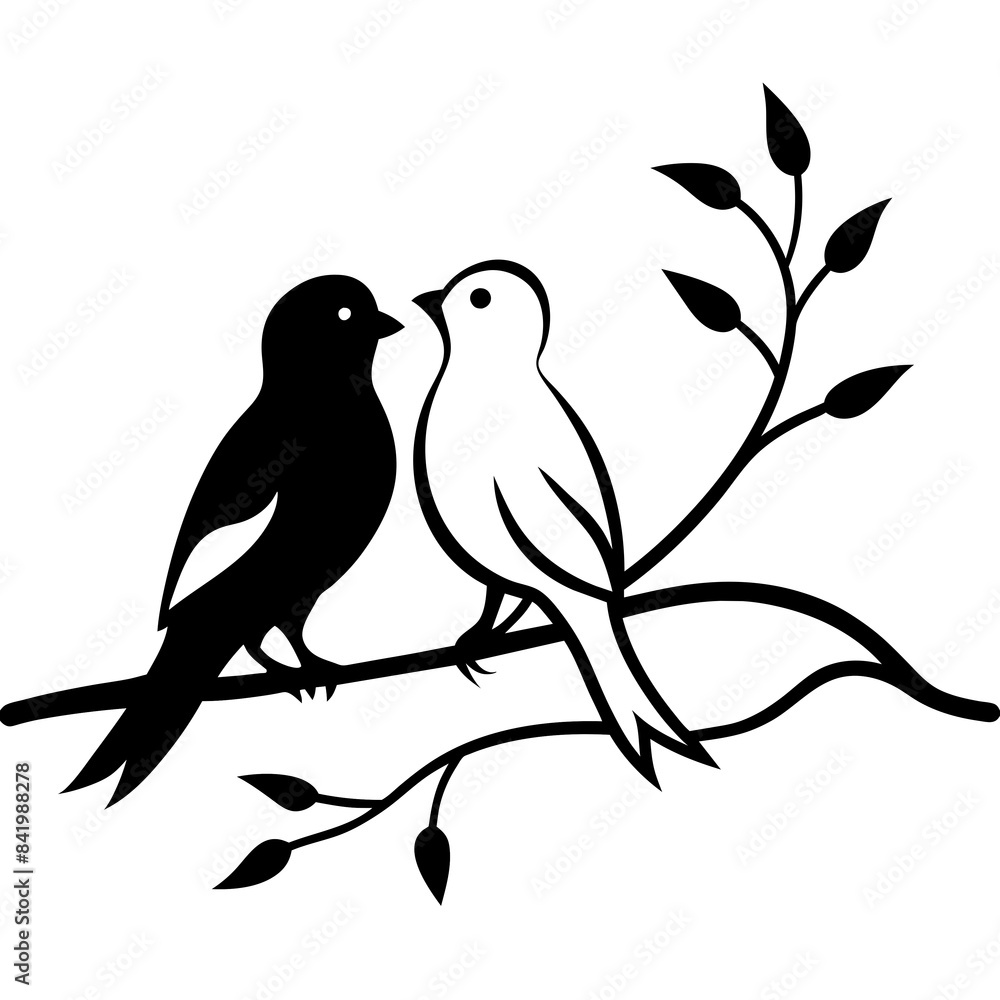 Fototapeta premium Couple Birds in Love Silhouette on Branch Vector Silhouette on white background 