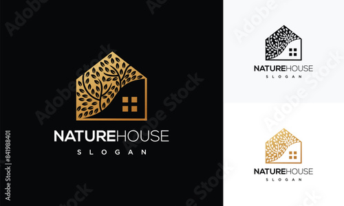 Tree house nature logo design, tree at home concept.