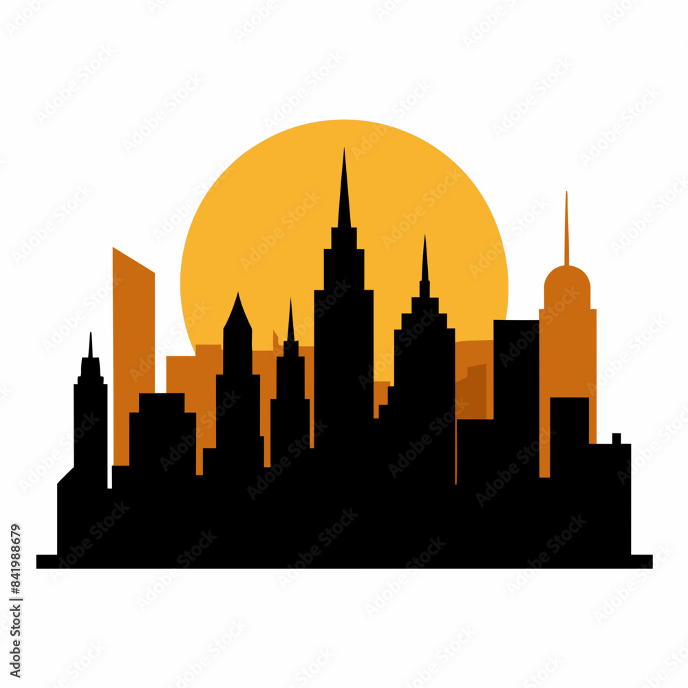 Fototapeta premium City With Sunset vector silhouette on white background