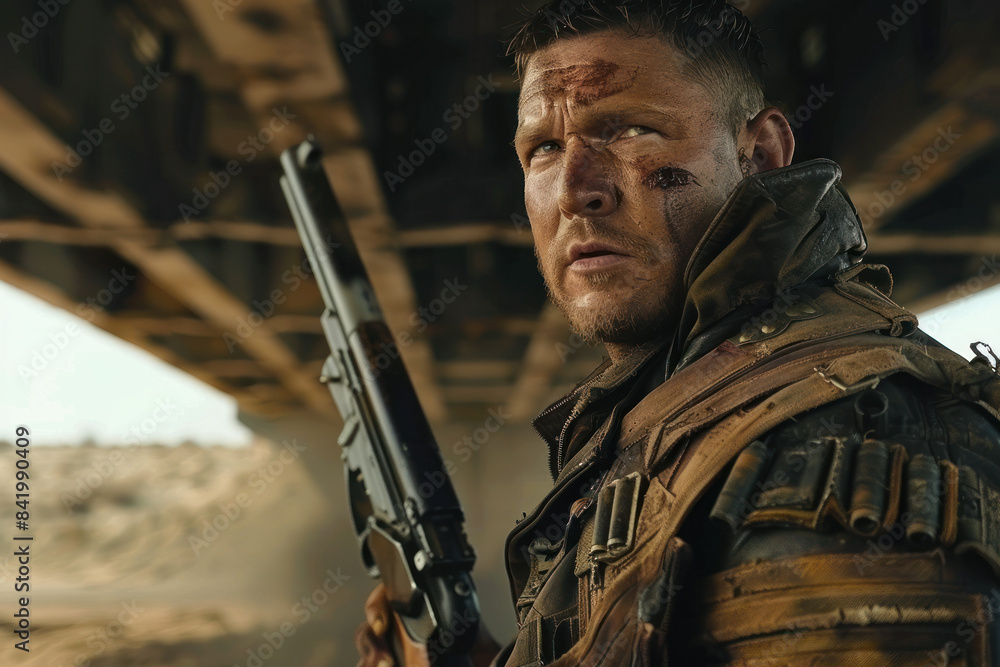 Courageous Man in Leather Jacket, People of the Wasteland, Post-apocalyptic world, Desolation and Savagery, cinematographic imagery. Courageous Man in Leather Jacket, People of the Wasteland, Post-apocalyptic world, Desolation and Savagery, cinematographic imagery.
