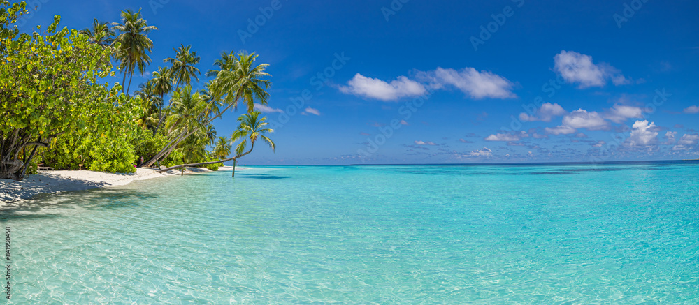 Fototapeta premium Summer beach landscape. Tropical island paradise. Exotic coast, palm trees, pristine sea, blue happy sky. Amazing nature pattern. Exotic destination travel background, vacation mood perfect wallpaper