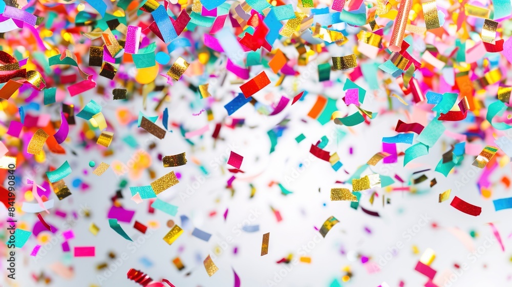 Colorful confetti falling on white background, festive birthday party decoration. Vibrant celebration atmosphere with multicolored paper pieces. Perfect for parties, celebrations, and joyful events. Colorful confetti falling on white background, festive birthday party decoration. Vibrant celebration atmosphere with multicolored paper pieces. Perfect for parties, celebrations, and joyful events.