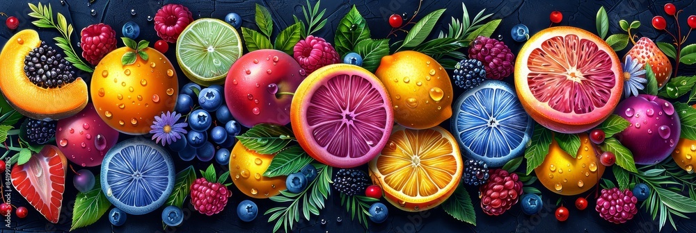 Vibrant Fruit Still Life With Sliced Citrus and Berries on Dark Background Vibrant Fruit Still Life With Sliced Citrus and Berries on Dark Background