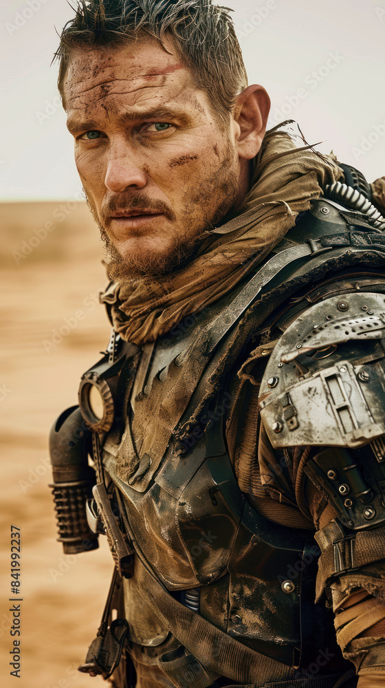 Obraz premium Heroic Man in Makeshift Armor, People of the Wasteland, Post-apocalyptic world, Desolation and Savagery, cinematographic imagery. 