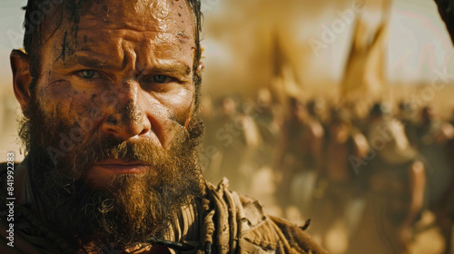 Courageous Man with Rugged Beard., People of the Wasteland, Post-apocalyptic world, Desolation and Savagery, cinematographic imagery. 