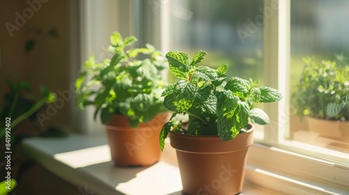 Mint growing on a window