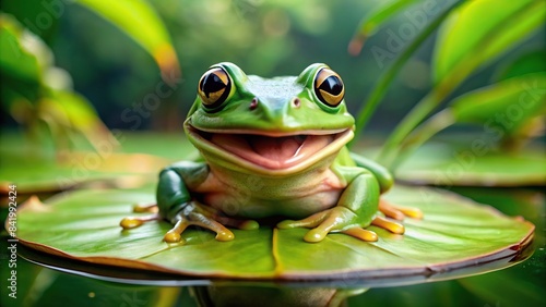 A cheerful green frog with oversized, bright eyes and a wide, toothy grin sits on a lily pad, its tongue sticking out playfully, cute frog, cartoon frog, smiling frog, big eyes, green frog © Woonsen