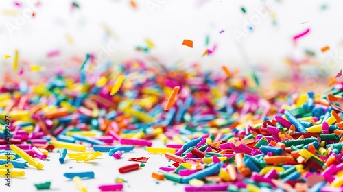 Colorful confetti falling on white background, festive birthday party decoration. Vibrant celebration atmosphere with multicolored paper pieces. Perfect for parties, celebrations, and joyful events.