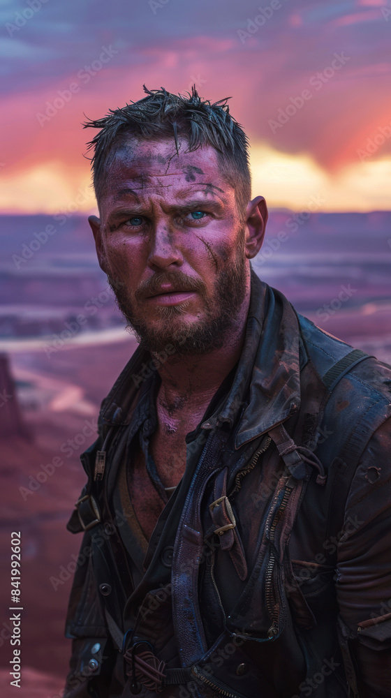 Courageous Man with Rugged Beard., People of the Wasteland, Post-apocalyptic world, Desolation and Savagery, cinematographic imagery. 