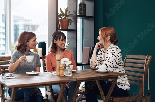 Photography Smile, women and together in coffee shop for connection, communication and friends in city
