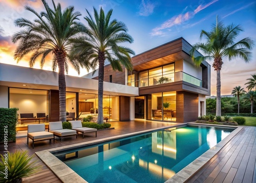 Exterior of modern palm tree adorned home with swimming pool   luxury  architecture  tropical  outdoor  vacation  relaxation  lifestyle  design  elegant  stylish  summer  residential