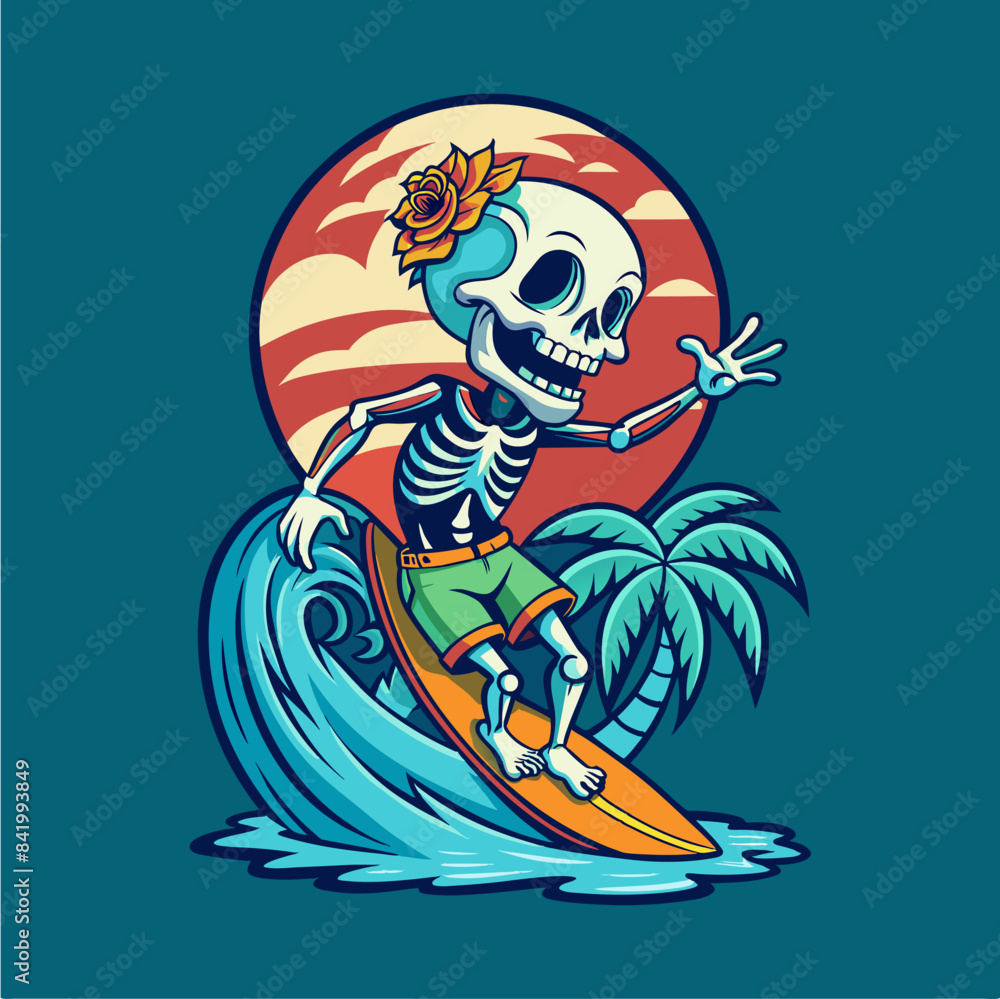 a cartoon drawing of a skeleton on a surfboard with a palm tree in the background. a cartoon drawing of a skeleton on a surfboard with a palm tree in the background.