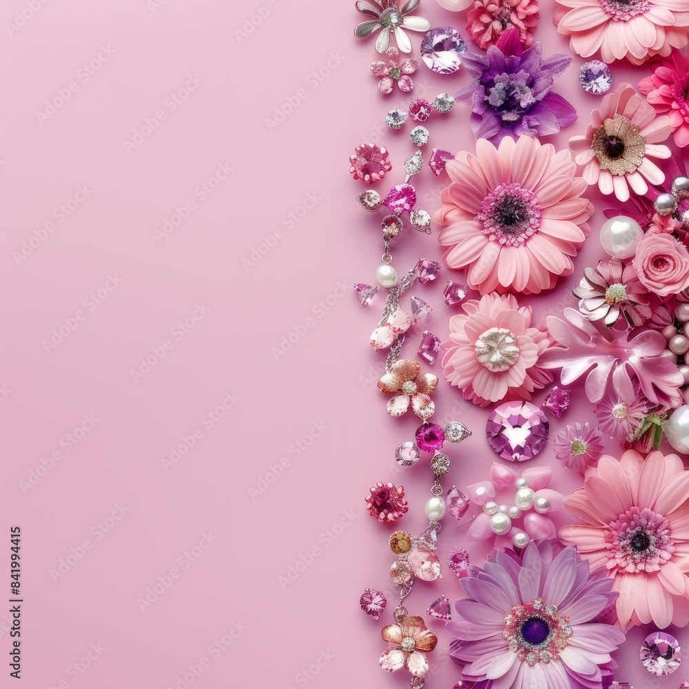 Fototapeta premium Elegant Jewelry Displayed on a Solid Pink Background with Floral Decorations, Showcasing Beautifully Crafted Pieces and Colorful Flower Accents for a Chic and Stylish Presentation