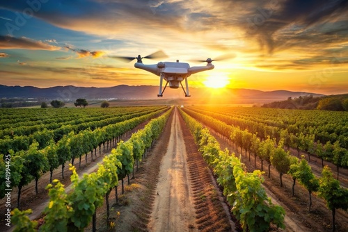 Drone hovering over sunlit vineyard capturing futuristic agriculture scene, futuristic, agriculture, vineyard, drone, technology, innovation, farming, landscape, aerial, sunlight, crops