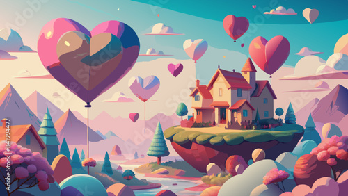 Enchanted Floating Island with Heart-Shaped Balloons and Fairy-Tale Landscape