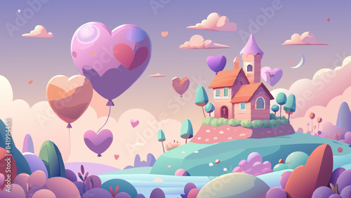 Enchanted Fairytale Landscape with Heart Balloons and Castle