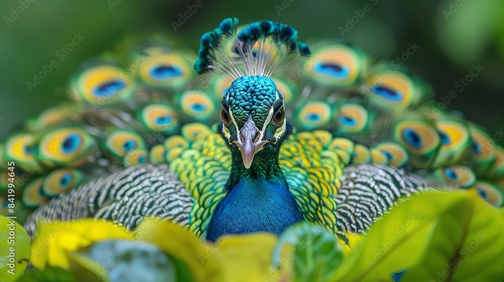 Obraz premium Exotic peacock displaying its colorful feathers