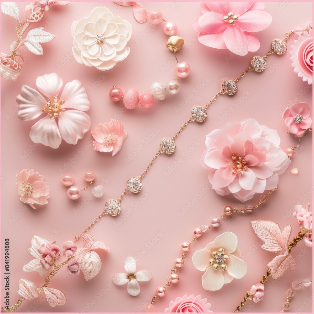 Elegant Jewelry Displayed on a Solid Pink Background with Floral Decorations, Showcasing Beautifully Crafted Pieces and Colorful Flower Accents for a Chic and Stylish Presentation Elegant Jewelry Displayed on a Solid Pink Background with Floral Decorations, Showcasing Beautifully Crafted Pieces and Colorful Flower Accents for a Chic and Stylish Presentation