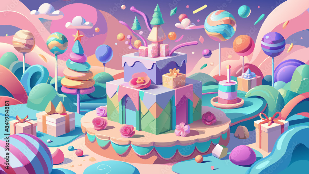 Whimsical Birthday Celebration in Candyland: Colorful, Festive, Fantasy Illustration Whimsical Birthday Celebration in Candyland: Colorful, Festive, Fantasy Illustration