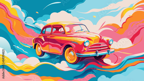 Retro Car Adventure: Vibrant Illustration of Vintage Vehicle on Surreal Journey