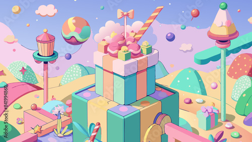 Whimsical Candy Land with Festive Gift Wrapped Box and Sweet Treats