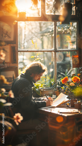 Wallpaper Mural A man writing at a sunlit desk by a window surrounded by flowers, capturing a moment of creativity and inspiration in a cozy setting. POV Point of View shooting trend. Torontodigital.ca