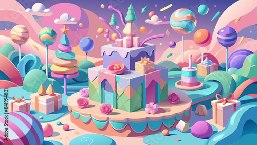 Whimsical Birthday Celebration in Candyland: Colorful, Festive, Fantasy Illustration