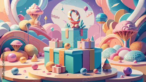 Whimsical Candy Land with Magical Gift Boxes Illustration