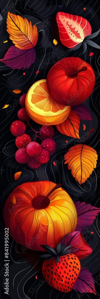 Fototapeta premium Abstract Fruit Background With Autumn Leaves and Red Berries