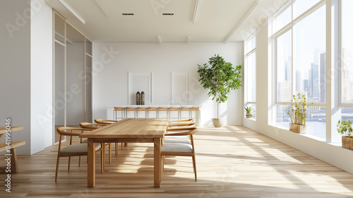 Sala de jantar sustentável com paredes brancas, móveis de madeira e vista para a cidade. Esta maquete oferece uma visão do design ecológico photo