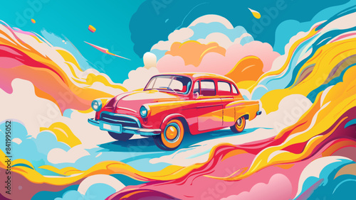 Colorful Vintage Car Journey Through Surreal Landscape
