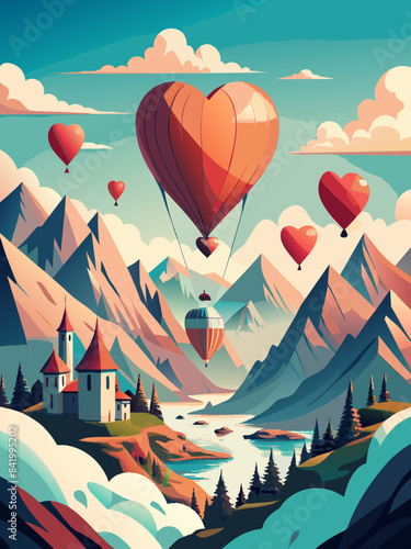 Enchanted Scenic Landscape with Hot Air Balloons and Castle