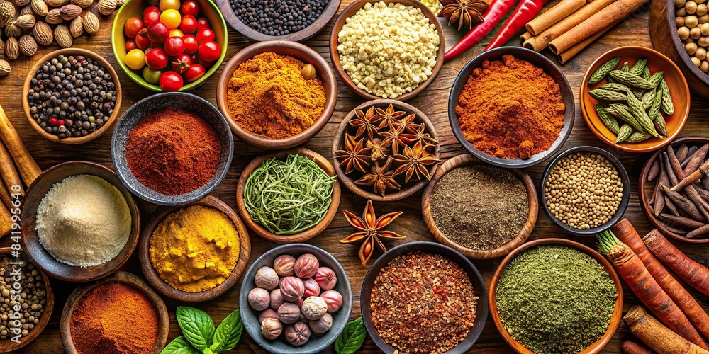 AI generated graphic of a variety of Indian spices to make food tasty, Indian, spices, food, flavor, seasoning, culinary, herbs, cuisine, cooking, ingredients, aromatic, vibrant, assortment