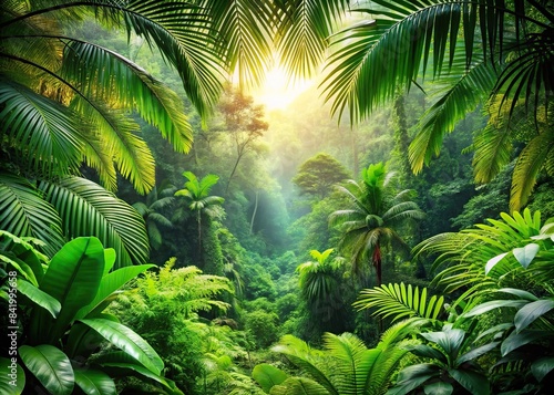 AI generated tropical jungle forest landscape with vibrant green trees  lush vegetation  and a sense of adventure   wild  tropical  jungle  forest  park  tree  landscape  adventure  travel