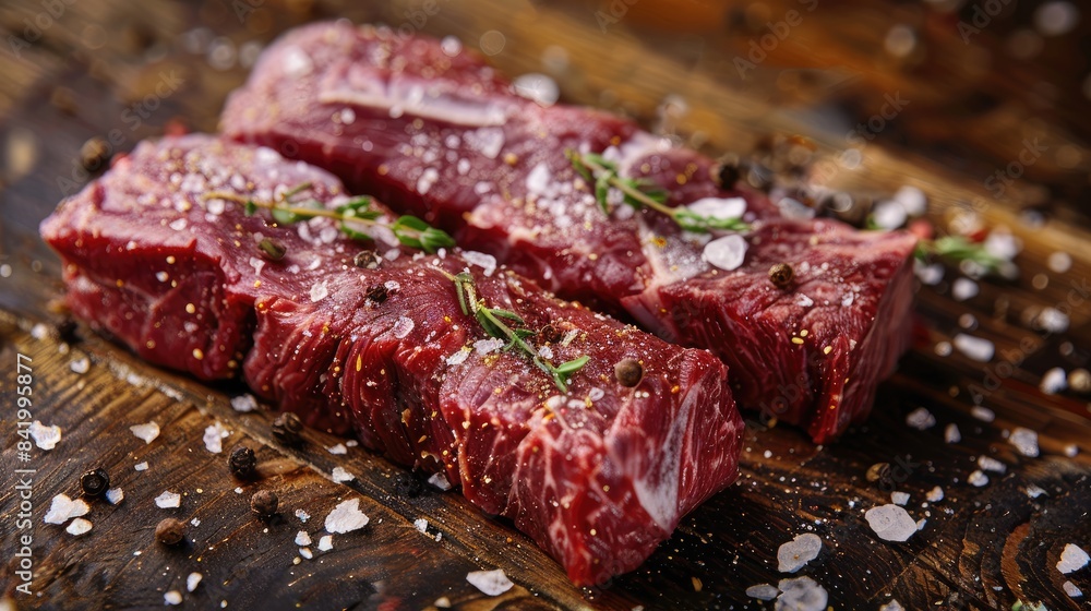 Marbled beef steaks seasoned with salt and fragrant spices on a wooden surface Marbled beef steaks seasoned with salt and fragrant spices on a wooden surface