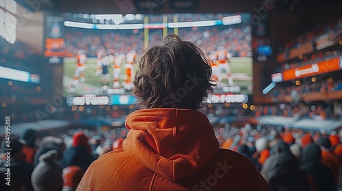 A man in his late thirties with brown hair and wearing an orange hoodie watches the Super Bowl on TV at a bar surrounded by people, shot from behind him.