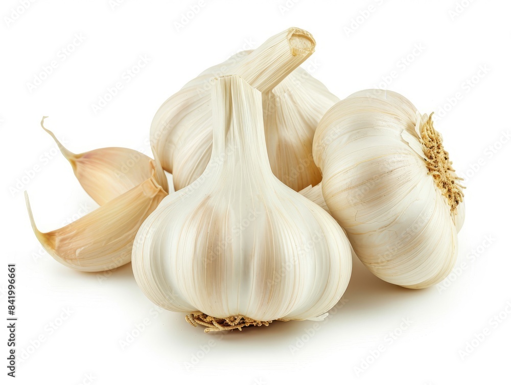 Obraz premium A close-up photo of a garlic bulb isolated on a white background.