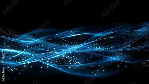 Abstract blue digital wave background with glowing dots and waves, dark black background
