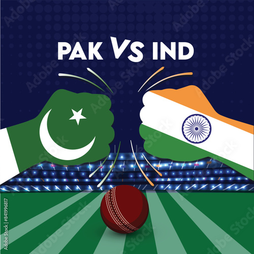India VS Pakistan Match , Pakistan Vs India cricket match ,Cricket match concept with creative illustration of participants clashing  style hands on stadium