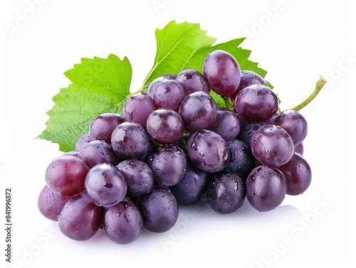 Bunch of red grapes with a green leaf on a white background.