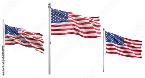 Set of Patriotic image of the American flag waving vividly on a clear flagpole, symbolizing freedom, pride, and national unity. isolated on transparent background.