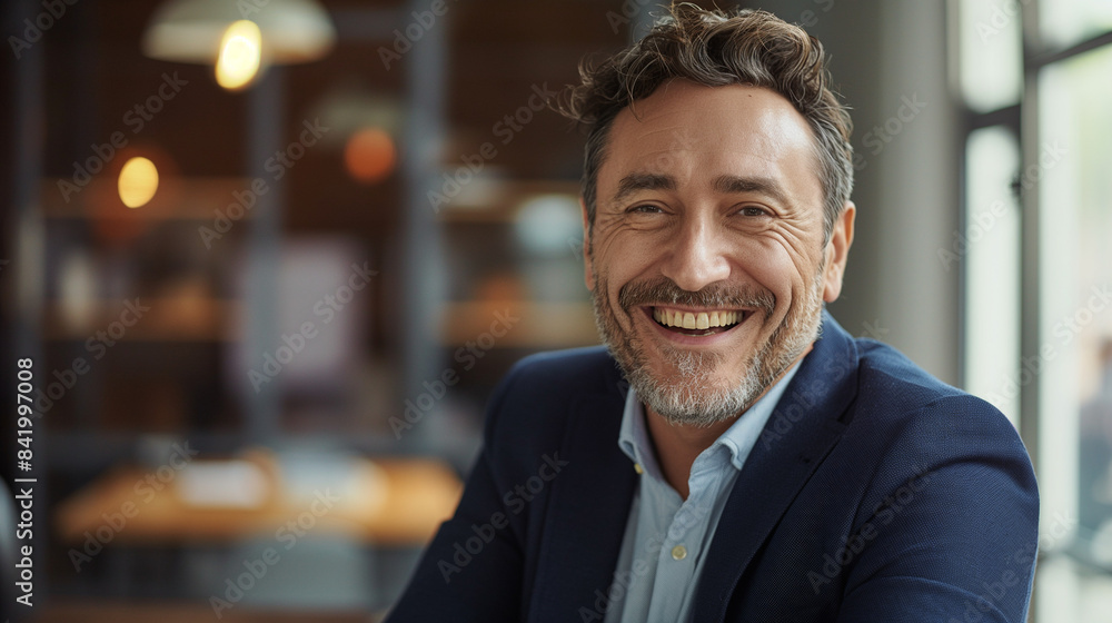 Happy guy in navy outerwear and top seated by glass panel Happy guy in navy outerwear and top seated by glass panel