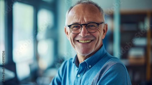 Happy male wearing blue shirt, suspenders, glasses working in office