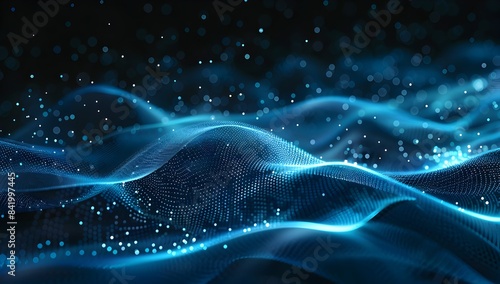 Abstract digital background with blue glowing waves and dots on black, symbolizing the concept of big data technology in cyberspace  © graphito
