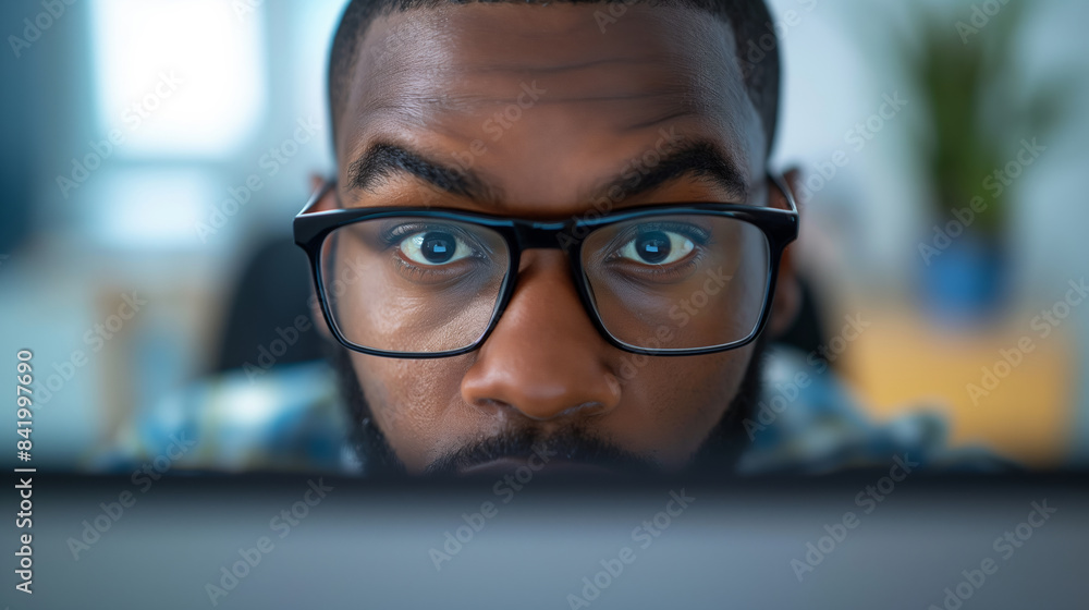 Man with glasses is looking at a computer screen. Concept of focus and concentration as the man stares intently at the screen. Black person looking at a computer screen. It is day time at the office. Man with glasses is looking at a computer screen. Concept of focus and concentration as the man stares intently at the screen. Black person looking at a computer screen. It is day time at the office.