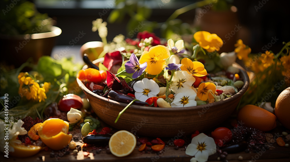 A Colorful Bowl Overflowing with Fruit Sits on a Table with a Patterned Tablecloth A Colorful Bowl Overflowing with Fruit Sits on a Table with a Patterned Tablecloth