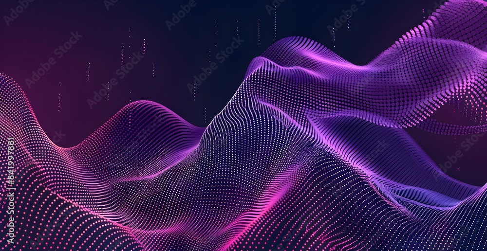 Abstract wave of dots and lines in purple and pink colors on a dark background, a vector illustration design with a digital sound wave effect in the style of music poster or template
Abstract wave of dots and lines in purple and pink colors on a dark background, a vector illustration design with a digital sound wave effect in the style of music poster or template