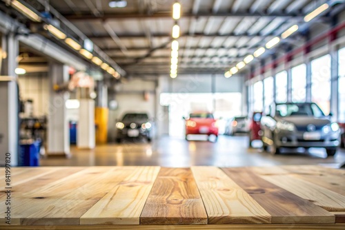 Empty wooden table in front of a car service center auto repair workshop blurred background, car repair, auto service, vehicle maintenance, garage, mechanic, automotive industry © Sanook