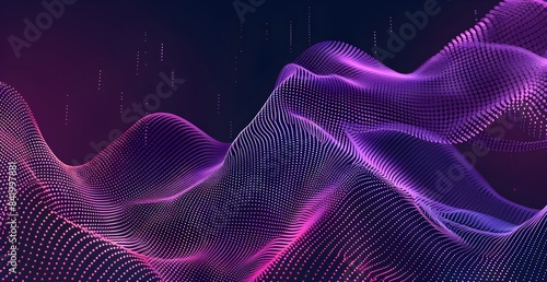 Abstract wave of dots and lines in purple and pink colors on a dark background, a vector illustration design with a digital sound wave effect in the style of music poster or template 